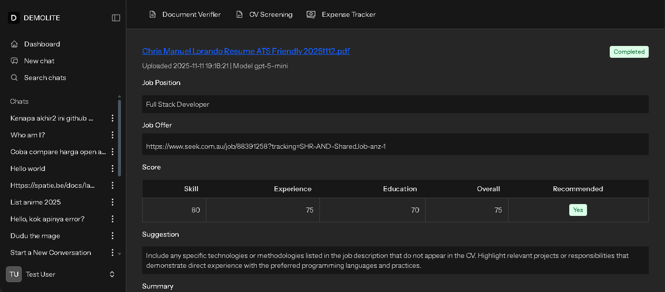 CV Screening dashboard preview